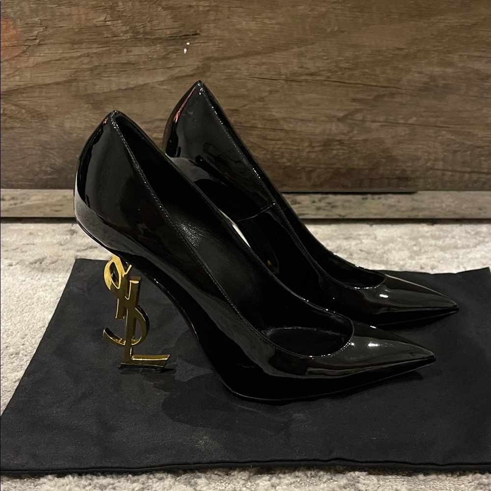 Saint Laurent Black Heels with Gold Logo Heel